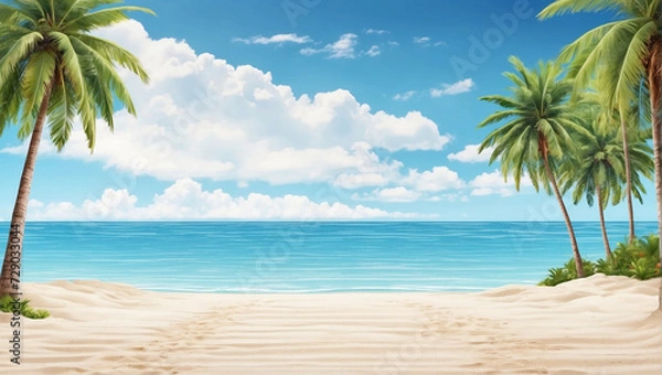 Obraz Beach background with white sand and blue sky, with coconut trees on the right and left. Background for summer. summer design elements.