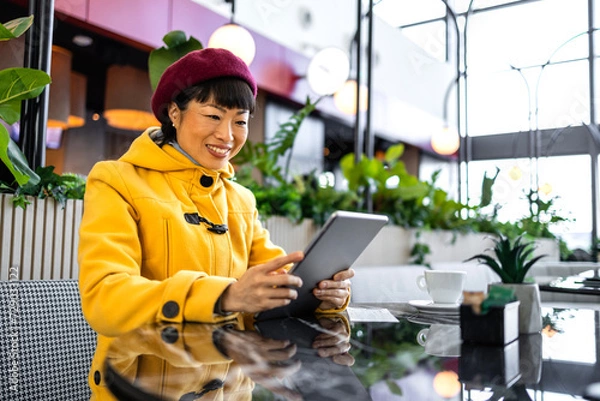 Fototapeta Female businesswoman in cafe bar using tablet computer at airport lobby before flight.