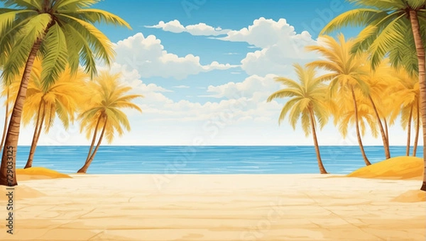 Obraz Beach background with white sand and blue sky, with coconut trees on the right and left. Background for summer. summer design elements.