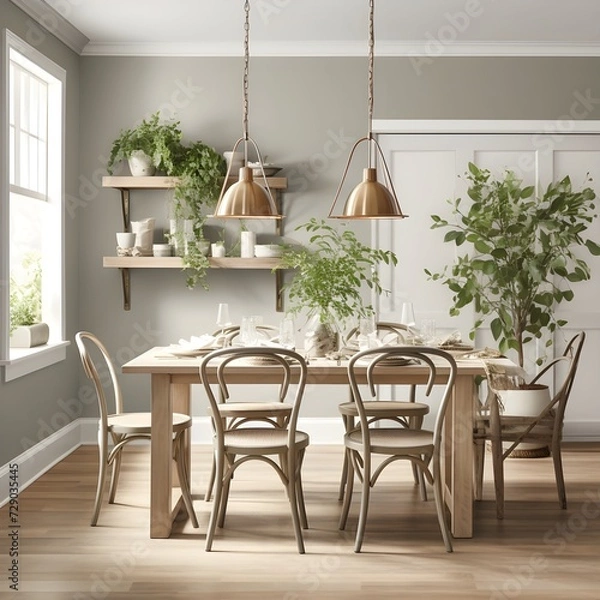Obraz a farmhouse-inspired dining room with a contemporary twist. Picture a farmhouse table, modern chairs, and industrial lighting