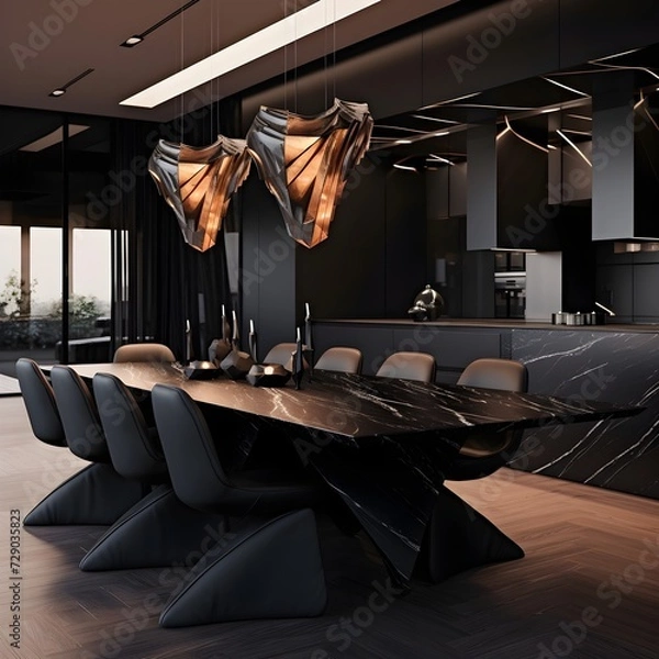 Obraz a dining room that doubles as a sculptural masterpiece. Picture matte black sculptural chairs around a custom-designed black marble dining table.