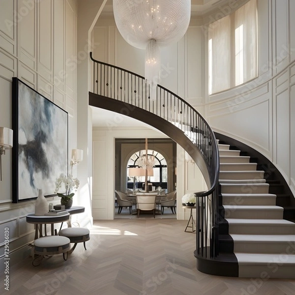 Obraz a foyer where a sculptural staircase takes center stage. Picture a staircase with artistic and unconventional design elements