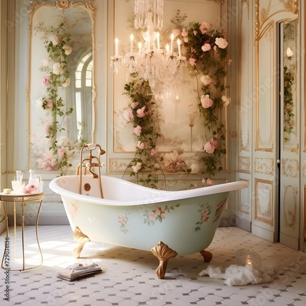 Obraz a fairytale-inspired bathroom with enchanting details. Picture a clawfoot bathtub, ornate mirrors, and soft drapery.