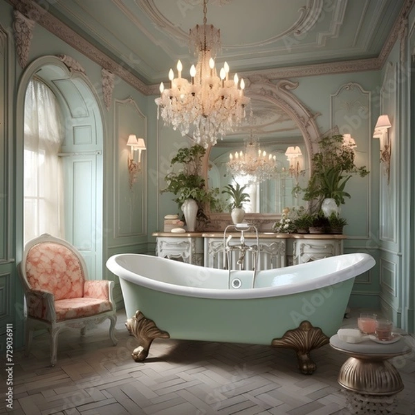 Obraz a fairytale-inspired bathroom with enchanting details. Picture a clawfoot bathtub, ornate mirrors, and soft drapery.