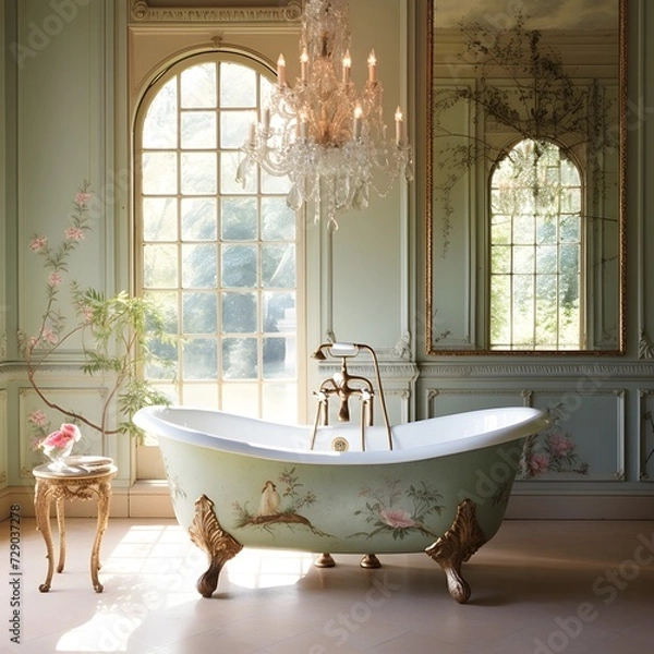 Obraz a fairytale-inspired bathroom with enchanting details. Picture a clawfoot bathtub, ornate mirrors, and soft drapery.