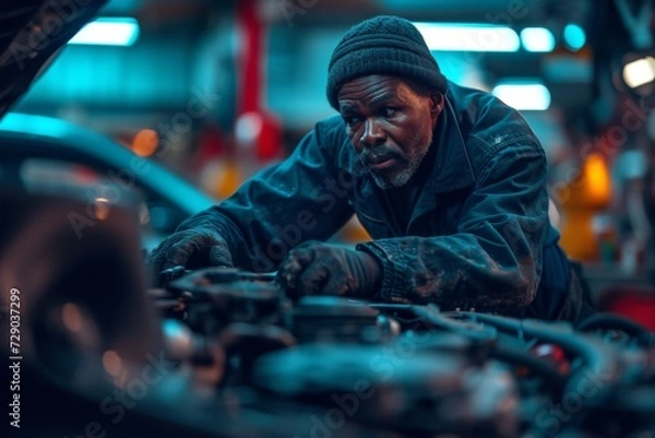 Fototapeta A skilled mechanic attentively fixes a car engine in a well-lit garage