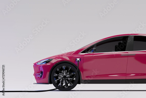 Fototapeta 3D Rendering : Illustration of Ev car parking and charging. Red luxury car park at front of yellow background. green energy concept. innovation of electronic vehicle car technology.
