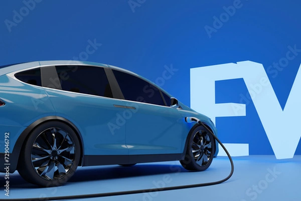 Fototapeta 3D Rendering : Illustration of Ev car parking and charging. Red luxury car park at front of yellow background. green energy concept. innovation of electronic vehicle car technology.
