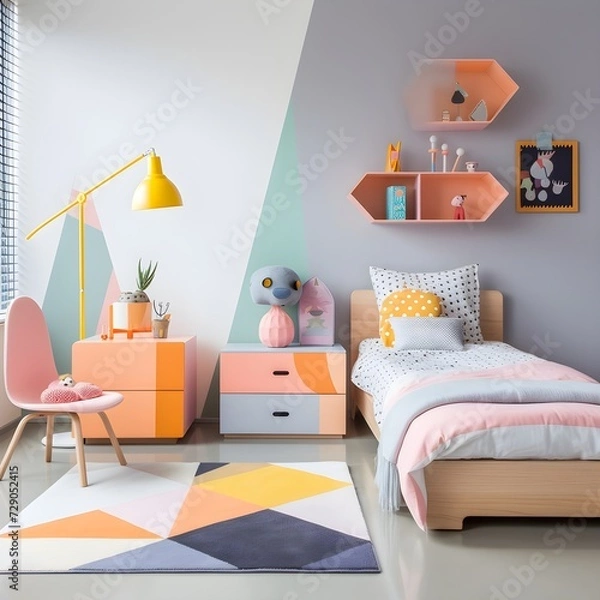 Obraz  kids' room with a playful mid-century modern vibe. Picture retro-inspired furniture, geometric patterns, and vibrant colors