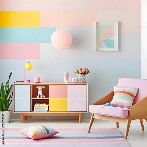 Fototapeta  kids' room with a playful mid-century modern vibe. Picture retro-inspired furniture, geometric patterns, and vibrant colors