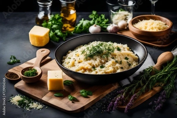 Fototapeta A bowl of creamy risotto topped with colorful herbs and parmesan shavings 