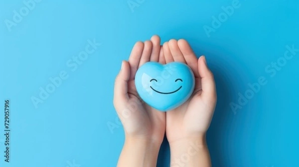 Fototapeta Hands cradle a blue ball featuring a joyful face on a serene blue backdrop.