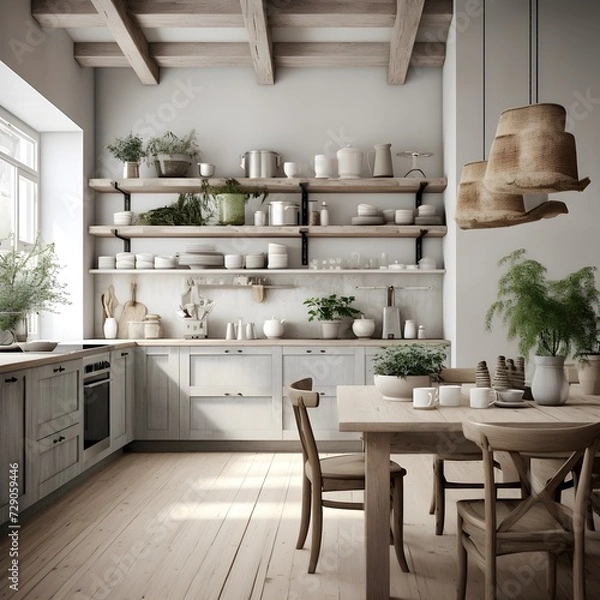 Obraz a kitchen that combines rustic charm with Scandinavian simplicity. Picture white-washed wood, open shelving, and minimalistic decor