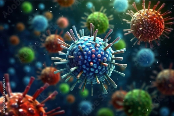 Fototapeta Microscope macro view of a virus, bacteria and cells of an biological organism, close up, macro world, AI