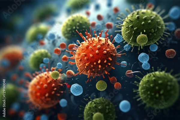 Fototapeta Microscope macro view of a virus, bacteria and cells of an biological organism, close up, macro world, AI