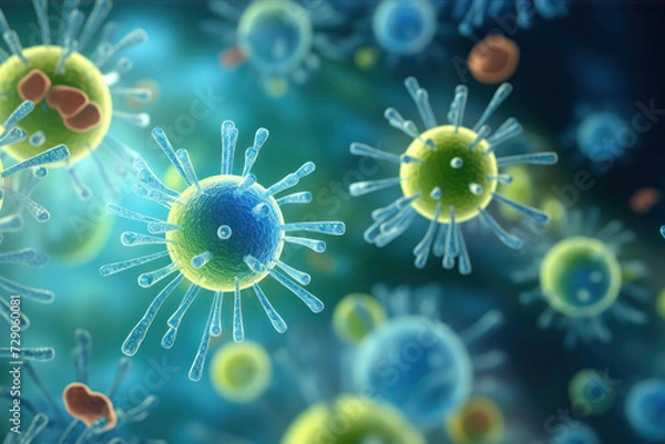 Fototapeta Microscope macro view of a virus, bacteria and cells of an biological organism, close up, macro world, AI