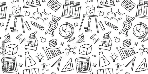 Fototapeta Education doodle seamless pattern. Science line hand drawn elements - mathematics formula, chemistry molecule, dna, graph, scientific experiment vector repeated background