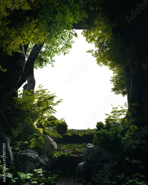 Fototapeta Overgrown abandoned building entrance portal frame. 3d rendering of abstract exterior architecture.