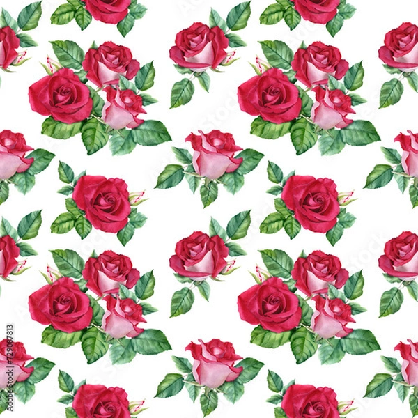 Fototapeta Seamless pattern with flower Rose blooms, buds and leaves. Botanical watercolor repeat pattern. For wrapping wallpaper fabric textile