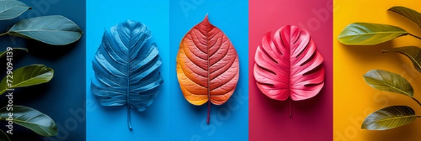 Fototapeta Colorful tropical leaves arranged in a symmetrical pattern on contrasting monochromatic backgrounds, suitable for design themes or creative concepts