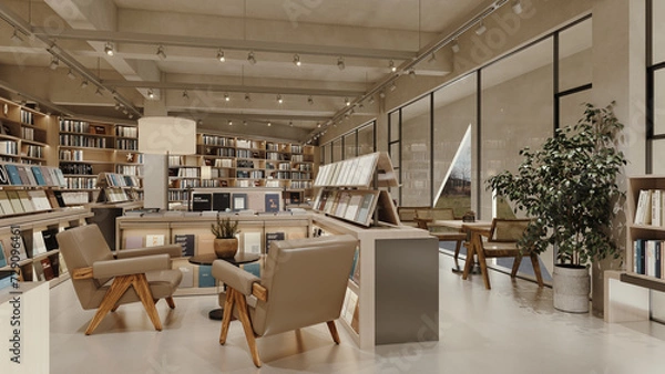 Obraz Bookcase full of books in contemporary, cozy interior book store. Wooden shelves, modern design library, reading room and cafeteria. A place to read books in peace and quiet.