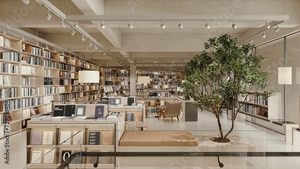 Obraz Bookcase full of books in contemporary, cozy interior book store. Wooden shelves, modern design library, reading room and cafeteria. A place to read books in peace and quiet.