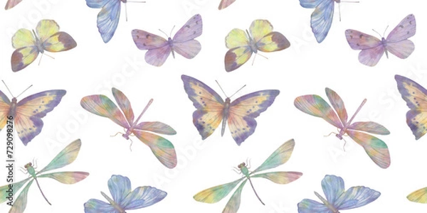 Fototapeta Watercolor butterflies in delicate shades of light yellow. Seamless abstract pattern of butterflies isolated on a white background.