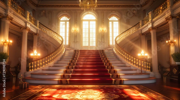 Obraz Grand palace staircase, blending luxury and history with elegant marble steps, ornate red carpet, and lavish decor in a majestic architectural setting