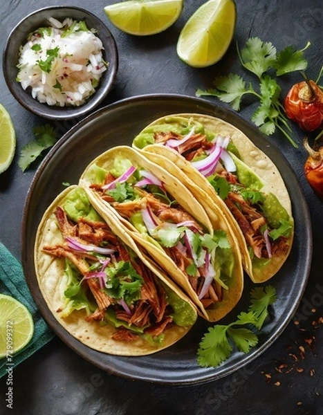 Obraz Taco's presented in a Tasteful Way with Melted Cheese on a Platter - Spanish or Mexican Cuisine