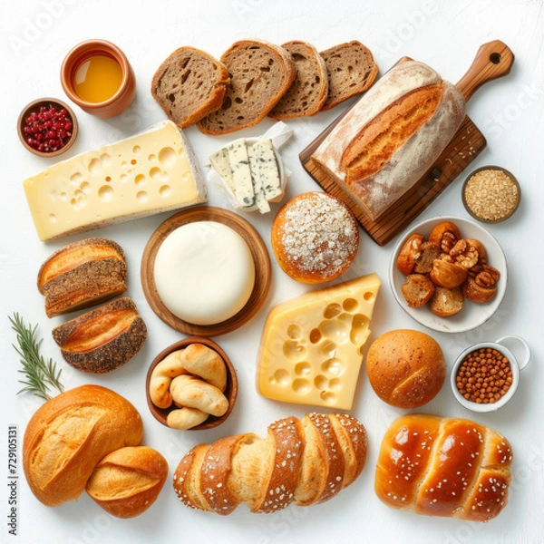 Fototapeta Dutch Easter breakfast with a variety of breads and cheeses, on a white background, for background, poster, print, designer postcard, banner, flyer