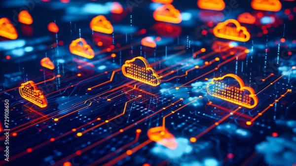 Obraz Digital cloud computing concept with a focus on technology and networking, symbolized by blue cybernetic elements and icons representing server connectivity and data security
