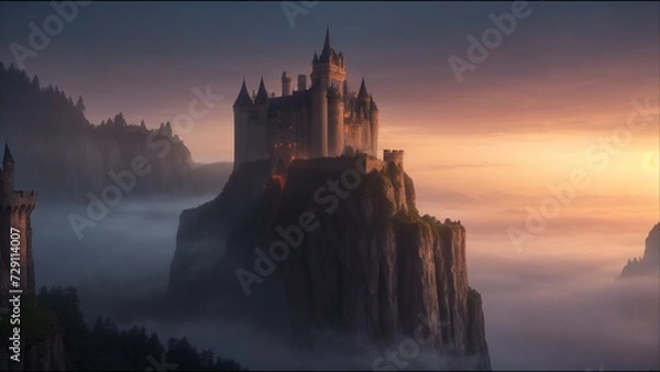 Fototapeta  Castle on the hill. Fairytale Castle, Fantasy Environment, Towers, Windows 3D Animations rendering CGI Cinematic 4K