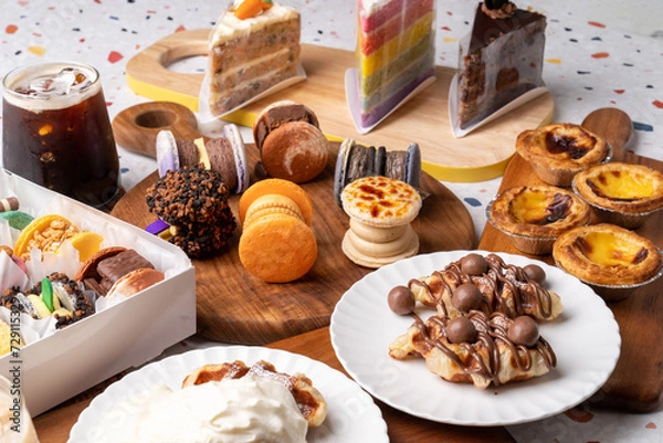 Fototapeta Café, macaron, Portuguese, egg tart, potato, ang butter, chocolate, Oreo, crèmebre, pork bar, whipped cream, croiffle, croissant, waffle, americano, cake, rainbow, carrot, chocolate mud, latte