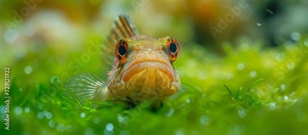 Fototapeta Menacing Tripterygion delaisi portrayed with cute Black faced blenny among green algae.