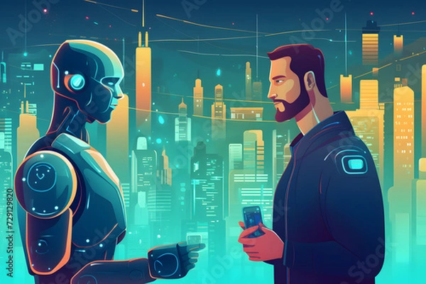 Fototapeta person talking with robotic ai.futuristic technology or machine learning. generative AI.