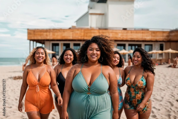 Fototapeta Five Oceanic women smiling at the beach