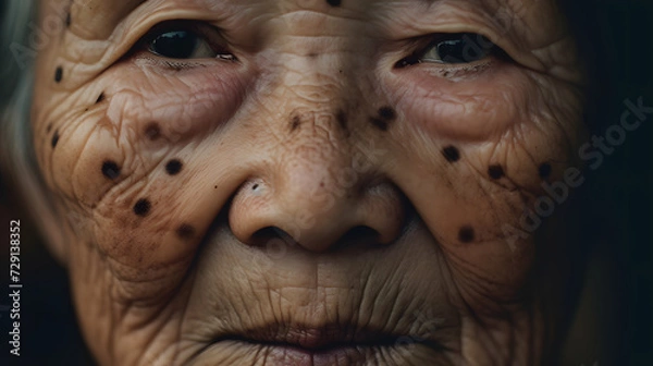 Fototapeta Small brown patches called age spots on face of Asian elder woman. They are also called liver spots, senile lentigo, or sun spots. generative AI.