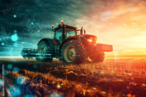 Fototapeta Technology in argiculture concept - modern tractor in the field with neural network