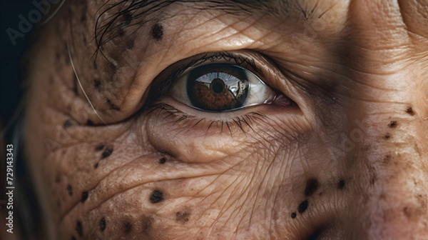 Fototapeta Small brown patches called age spots on face of Asian elder woman. They are also called liver spots, senile lentigo, or sun spots. generative AI.