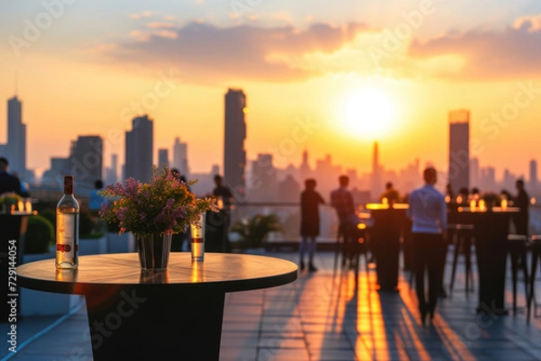 Fototapeta An elegant evening networking event on a rooftop terrace with a city skyline at sunset, exemplifying the concept of a corporate social gathering