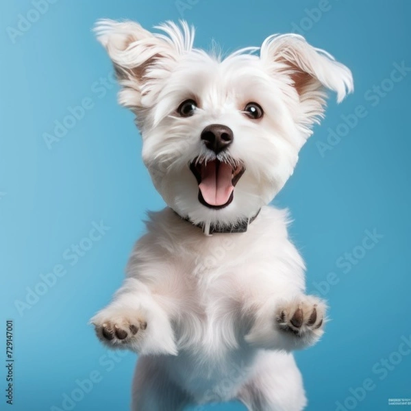 Obraz Portrait of cute dog isolated on blue background with copy space. Pet concept.