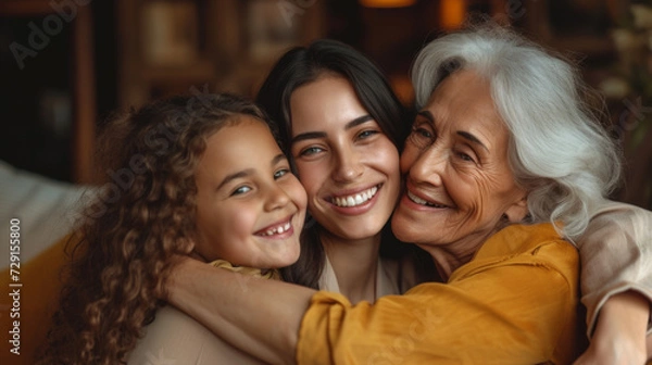 Fototapeta generations of females—a child, her mother, and grandmother—are sharing a close and joyful embrace, smiling brightly and exuding warmth and happiness.