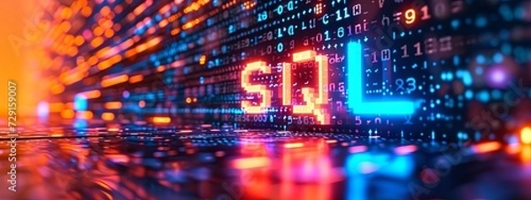Fototapeta The abbreviation 'SQL' shines in neon on a cybernetic data stream background