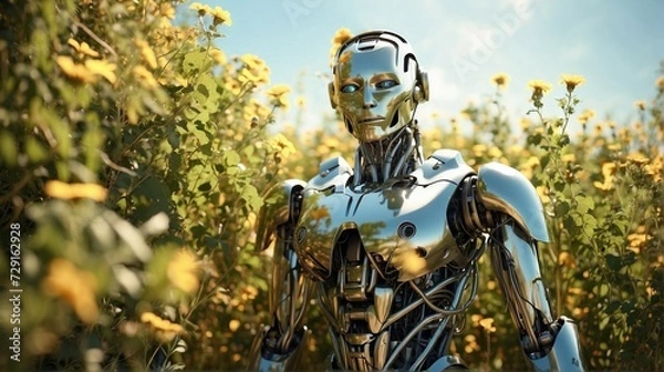 Fototapeta A robot with overgrown vines and flowers blooming all over its body, standing peacefully in a sunlit meadow.