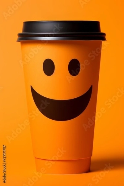 Obraz Coffee to go with smiley face isolated on orange background