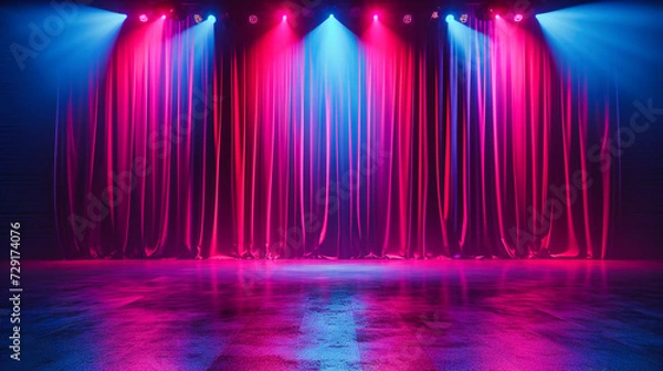 Obraz Dramatic stage show with vibrant blue and red spotlights, creating a lively and engaging atmosphere for a concert or theater performance