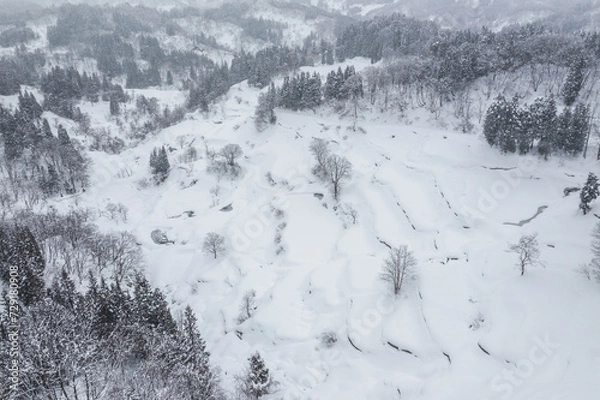 Obraz ドローン写真：冬の新潟県、蒲生の棚田