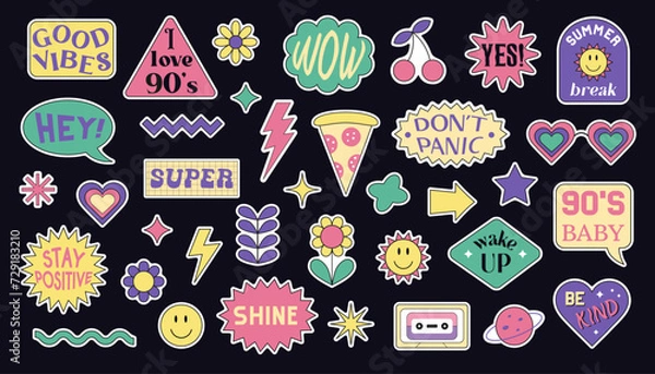 Fototapeta Printable stickers with geometric retro shapes and quotes in the style of the 1990s. Vector colorful elements isolated on a dark background