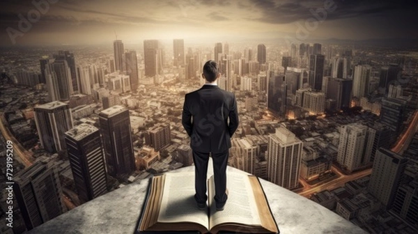 Obraz Man Standing on Book With City in Background