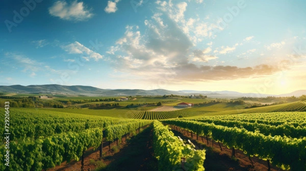 Fototapeta Panorama view of Green field with rows of vines. Ripe grapes for the production of fine wines.